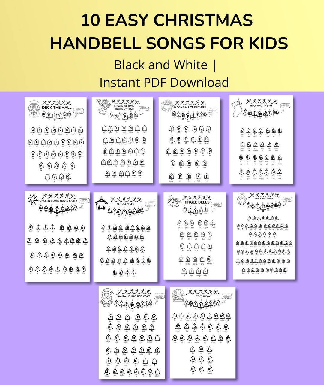 10 easy christmas handbell songs: black & white sheet music