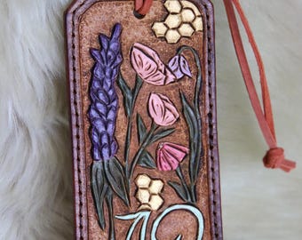 CUSTOM Tooled Leather Luggage Tag. Garden theme. Hand Painted and Tooled Luggage tag.