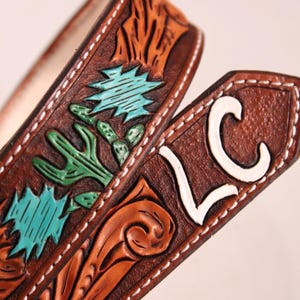 Custom Kids Tooled Leather Belt, Handmade Western Belt for Kids and Youth. Aztec and Cactus Design. Personalized with Initials.