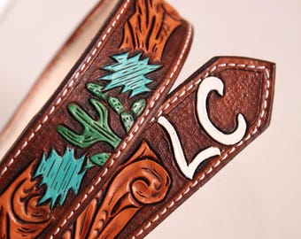 Custom Kids Tooled Leather Belt, Handmade Western Belt for Kids and Youth. Aztec and Cactus Design. Personalized with Initials.