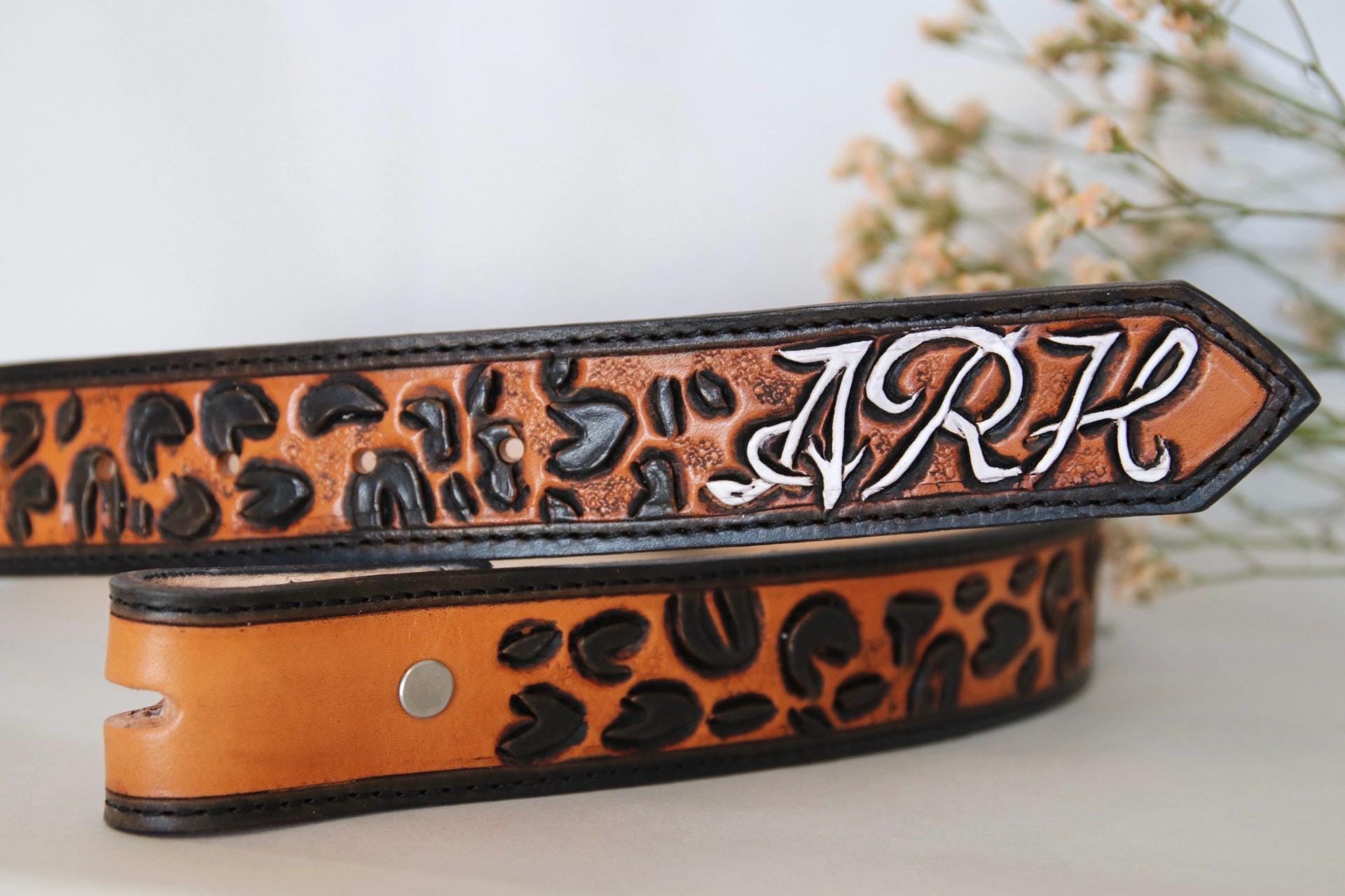Custom Tooled Leopard Belt, Handmade Leather Western Belt 