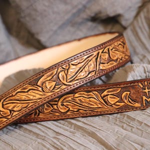 Custom Hand Tooled Leather Belt, Handmade Western Belt, Men’s Custom Belt with Livestock Brand and Initials// OAK LEAF DESIGN