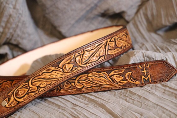 Handmade Men's Leather Belt – Oak Leaf Design, Cowboy Up Buckle – Brown, Sizes 30-52 (USA Made)