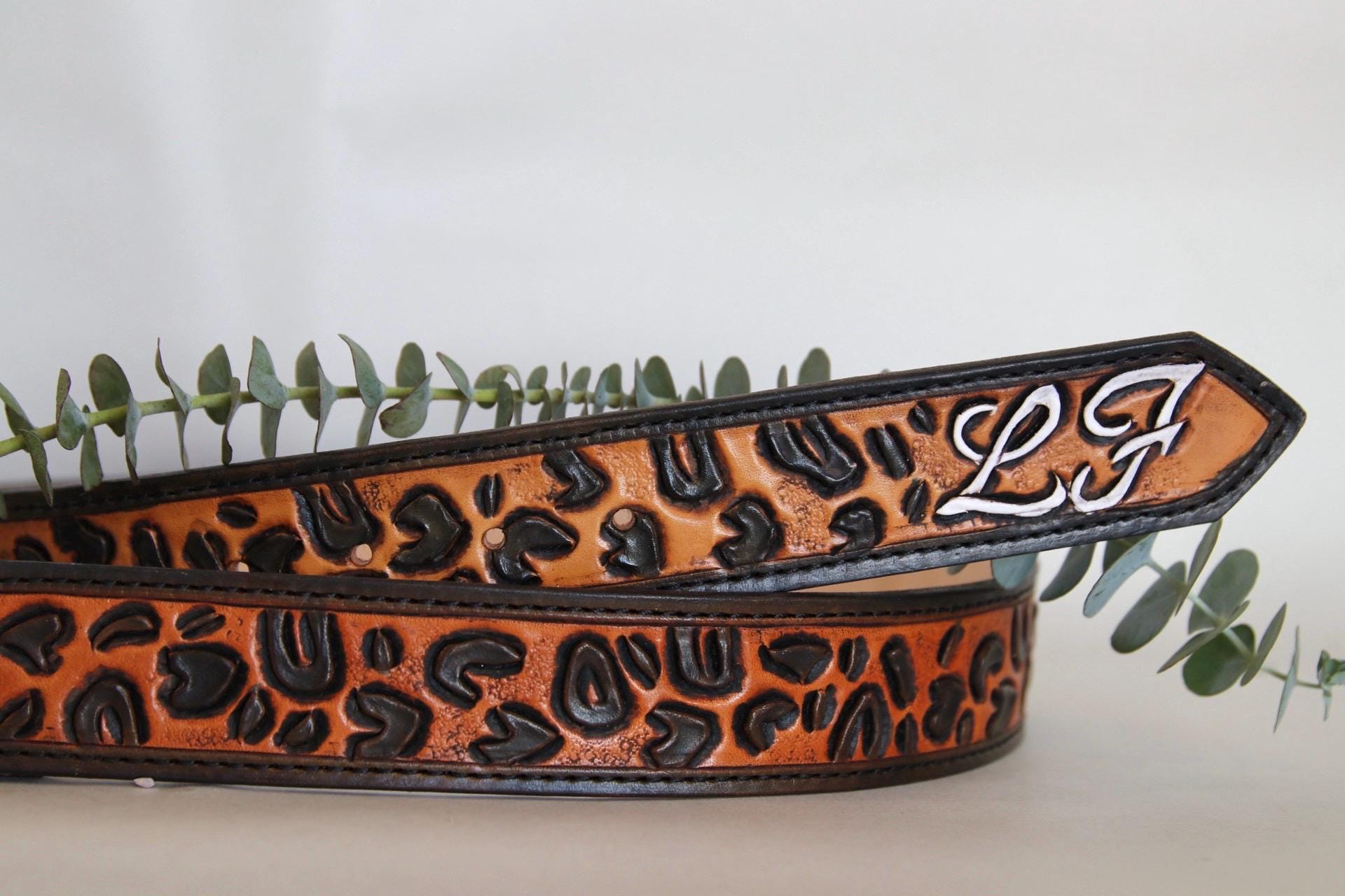 Custom Tooled Leopard Belt, Handmade Leather Western Belt 