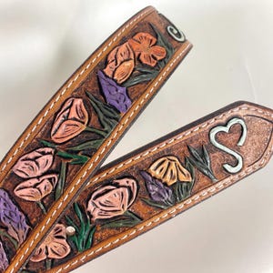 Custom Tooled Wildflower Belt, Handmade Leather Western Belt. Personalized with Name and Livestock Brand.