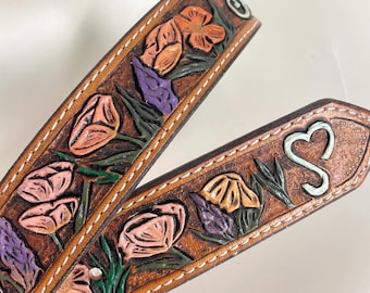 Custom Tooled Wildflower Belt, Handmade Leather Western Belt. Personalized with Name and Livestock Brand.