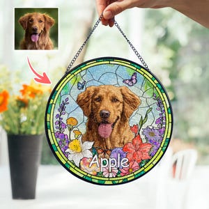 Custom Pet Portrait Window Stained Glass, Dog Cat Glass Art, Pet Memorial Gift, Pet Lover Gift, Photo Portrait Suncatcher WSG529KOR0