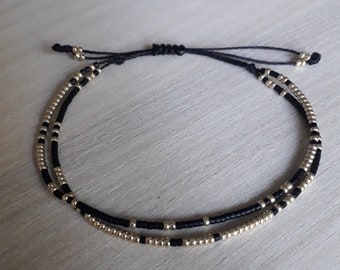 Dubbele armband in zwarte en gouden Miyuki-kralen, minimalistische sieraden, cadeau voor vrouw