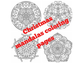 Christmas themed mandalas coloring pages (10 page coloring book) printable download.. Xmas coloring book instant download