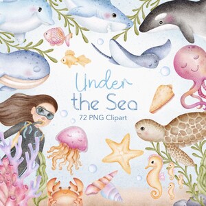 Under the Sea Digital Watercolor Clipart, Sea animals, undersea and Pattern