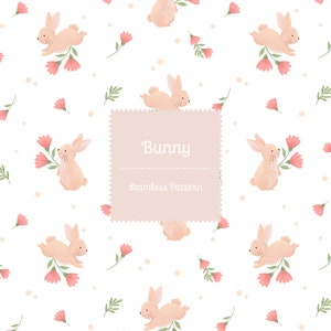 May include: A seamless pattern featuring pink bunnies and pink flowers on a white background. The text "Bunny Seamless Pattern" is in the center of the image.