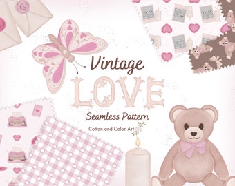 Vintage Love Seamless Pattern, Valentines Day Digital Paper, Love.