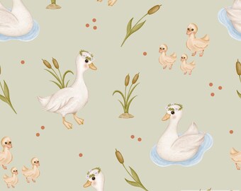 Ducks, duckling and cattail  Seamless Pattern, Fabric Pattern, Repeat Tile, Surface Pattern, Seamless Fabric Design