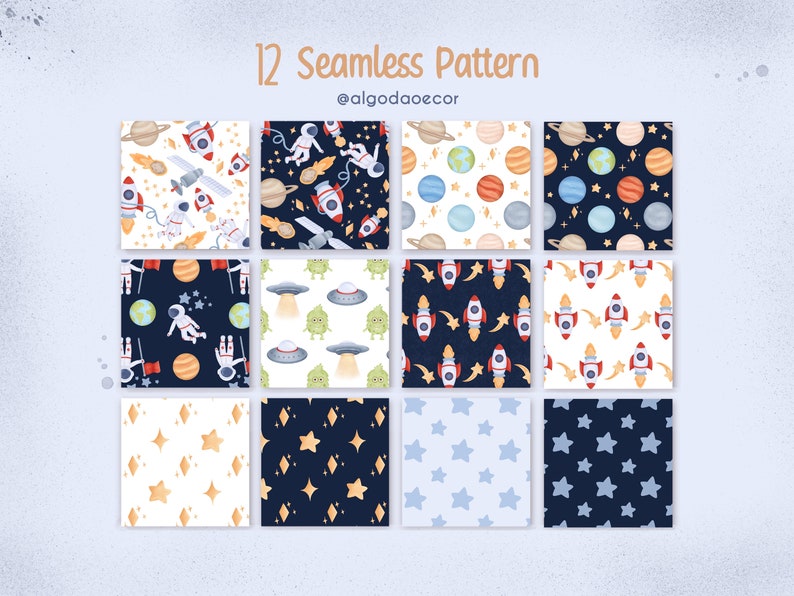 12 Space Adventure Seamless Pattern, Digital Paper, Astronaut, Planets ...