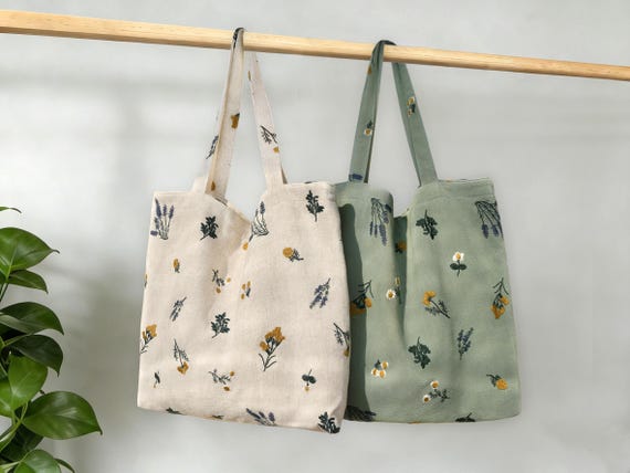 White & Sage Green Embroidered Tote Bag with Delicate Floral Details – French Country Style Bag with Inner Pocket