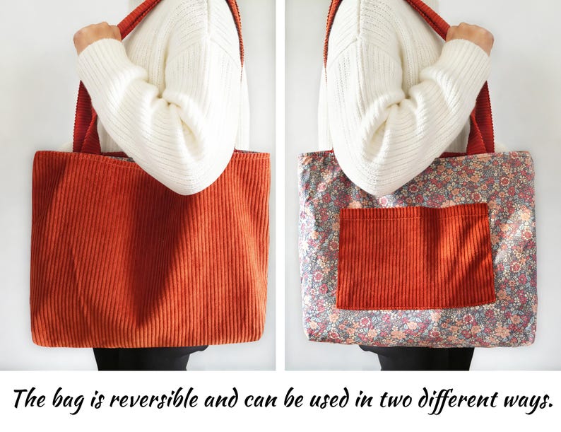 May include: Reversible tote bag with corduroy exterior in a burnt orange color. The bag has a floral print interior with a matching corduroy pocket. The bag has red straps and the text "The bag is reversible and can be used in two different ways."