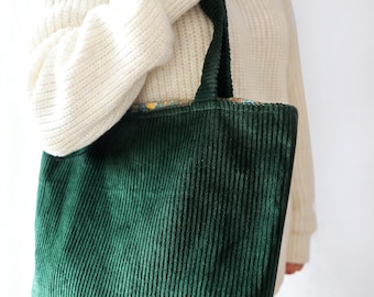Corduroy Tote Bag, Cotton Fabric Shoulder Bag, Large Size with Inner Pocket, Reversible Shoulder Bag, 6 Colors Available