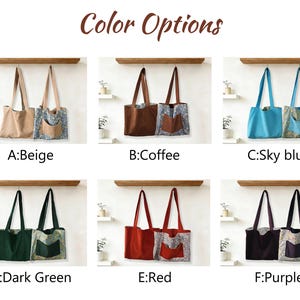 May include: A display of six tote bags in various colors: beige, coffee, sky blue, dark green, red, and purple. Each bag has a solid color body and a patterned pocket. The text "Color Options" is at the top.