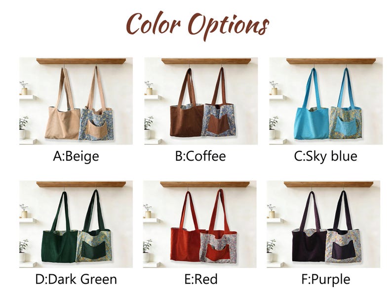 May include: A display of six tote bags in various colors: beige, coffee, sky blue, dark green, red, and purple. Each bag has a solid color body and a patterned pocket. The text "Color Options" is at the top.