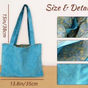 May include: A turquoise corduroy tote bag with a floral patterned interior. The bag is 15 inches (38 cm) tall, 13.8 inches (35 cm) wide, and has two handles. The image includes details of the bag's interior and corduroy texture. The text "Size & Details" is visible.