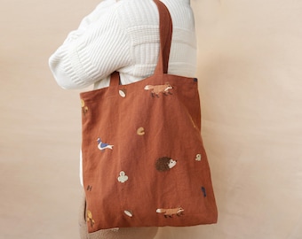 Embroidered Tote Bag, Red Ocher Color Bag with Inner Pocket, Cotton-Linen Work Bag, Embroidered Animal Design