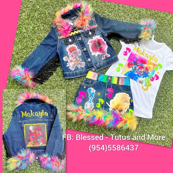 Trolls outfit - Trolls Jeans - Trolls denim set - Trolls jeans set - Trolls denim jacket - Trolls birthday outfit READ DETAILS CAREFULLY