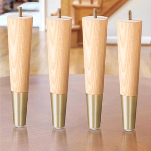 Furniture Legs Set of 4, Premium 8 inch Ash Wood With Gold Mid Century Replacement Feet For Couch, Sofa, Chair, Bed, Cabinet, Ottoman, Table