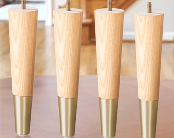 Conjunto de 4 pernas para móveis, madeira de freixo premium de 8 polegadas com pés de reposição dourados de meados do século para sofá, cadeira, cama, armário, pufe, mesa