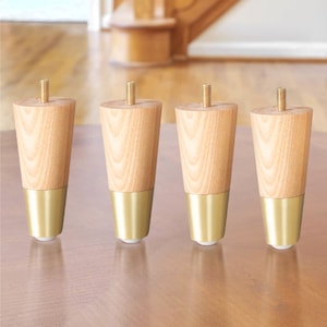 Möbelbeine 4er Set, Premium 4-Zoll-Eschenholz mit goldenen Ersatzfüßen für Couch, Sofa, Stuhl, Bett, Schrank, Ottomane, Tisch