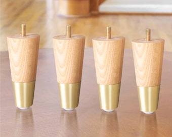Conjunto de 4 pés para móveis, madeira de freixo premium de 4 polegadas com pés de reposição dourados de meados do século para sofá, cadeira, cama, armário, pufe, mesa