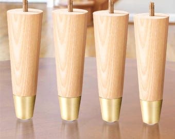 Conjunto de 4 pés para móveis, madeira de freixo premium de 15 cm com detalhes dourados, estilo meados do século XX, para substituição em sofás, cadeiras, camas, armários, pufes e mesas.