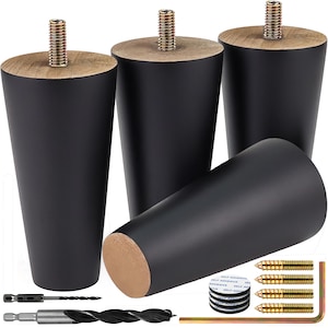 Furniture Legs Set of 4, Premium 4 / 6 / 8 / 10 / 12 / 16 inch Black Wood Mid Century Replacement Feet For Couch, Sofa, Chair, Ottoman, Etc.
