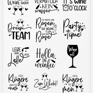 Könnte beinhalten: Ein weißer Bogen mit 12 schwarzen Grafikdesigns, die Weinsprüche und Illustrationen wie Weingläser, Flaschen und Uhren zeigen. Der Text enthält Phrasen wie IT'S Wine O'CLOCK, Dream TEAM und Wine not!. Der Bogen misst 21 x 29,7 cm und ist als Bogen 2 beschriftet.