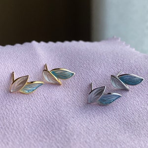 925 Sterling Silver Leaves Stud Earrings, Silver and Gold Plated Blue Leaves Modern Earrings, Trendy Minimalist Earrings