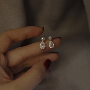 925 Sterling Silver Pearl Earrings, CZ Diamond Teardrop Stud Earrings, Bridesmaid Minimalist Dazzling Earrings, Wedding Earrings
