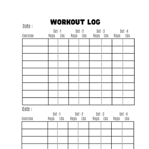May include: A black and white workout log with two sections for recording sets and reps. Each section has columns for exercise, reps, and pounds.