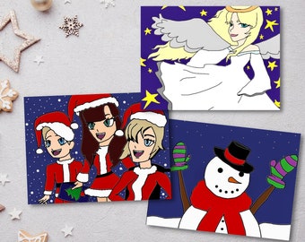 Anime style Pack of 9 Christmas cards | Charity Christmas cards | Original artwork by Deafblind artist Ava Jolliffe