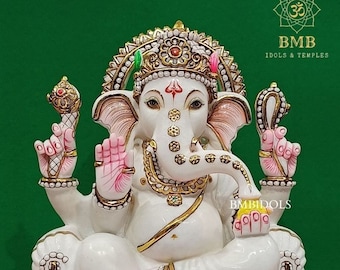 Ganesh Statue, Marble Ganesh Statue made in natural white Marble in 18inches, White Ganesha Idol made in Natural Stone, Ganesh Idol Marble