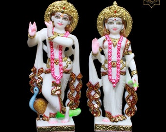 Radha Krishna standbeeld, wit marmer Radha Krishna Murti ontworpen in 12 inch voor huis en tempel met de pauw, Radha Krishna Idol