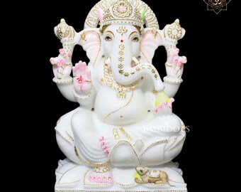 Ganesh Statue, Marble Ganesh Statue made in natural white marble in 15inch, Ganpati Murti Made in Natural White Marble, Ganesha Murti