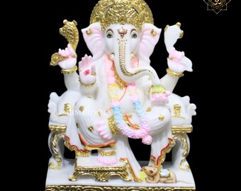 15 Inch Marble Ganesh Statue, White Ganpati Murti
