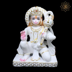Makrana Marble Hanuman Statue: 12 Inch Hindu Idol