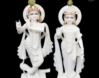 Marble Radha Krishna Statue, 27-inch Polished White Marble Bhagwan Sculpture