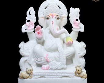 White Marble Ganesh Statue, 10 Inch Ganpati Murti