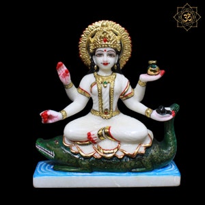Ganga Maa Murti, Marble Ganga Mata Statue for Homes and Temples in Small Size, Ganga Maa has Four Hands sitting on the Crocodile