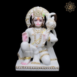 Marble Hanuman Statue for Homes and Temples in 1feet, Ashirwad Posture Marble Hanuman Murti in Makrana Marble, Small Hanuman Murti