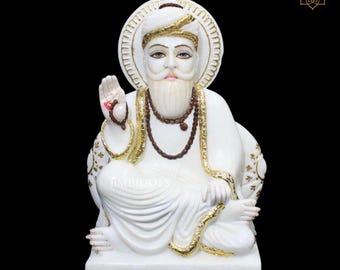 Natural Marble Gurunanak Dev Ji Statue, 12-Inch Goldwork Idol