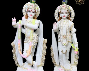 Marble Radha Krishna Statue, 18 Inch Natural Stone Idol, Polished Home Decor