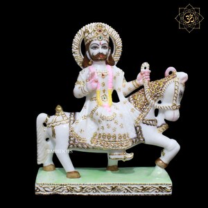 Makrana Marble Ram Dev Baba Murti, Hand Carved Statue, 12 inches