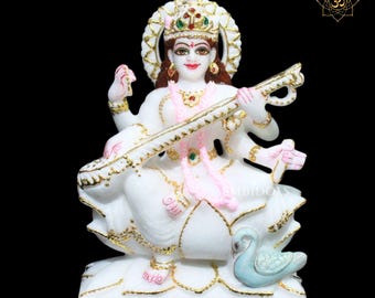 Makrana Marble Saraswati Statue, Natural White Marble Maa Murti, 9 inch